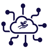 Line drawing of a hand nurtuting a plant, surrounded by a cloud with network lines radiating outwards