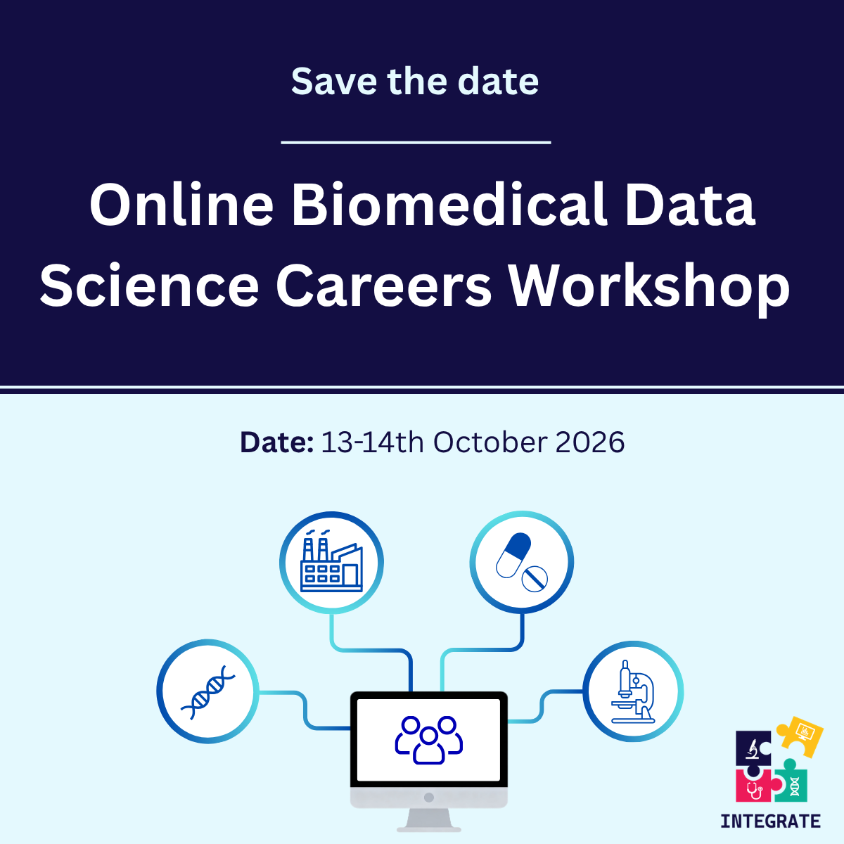 Advert for Careers Workshop. Image of computer with symbols representing biomedicine, data science and industry.